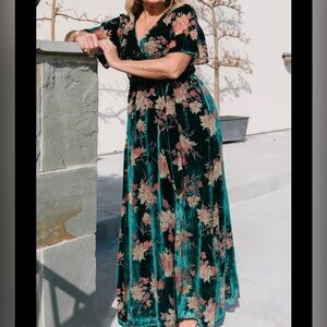 Baltic Born Floral Velvet Dress - Green and Pink